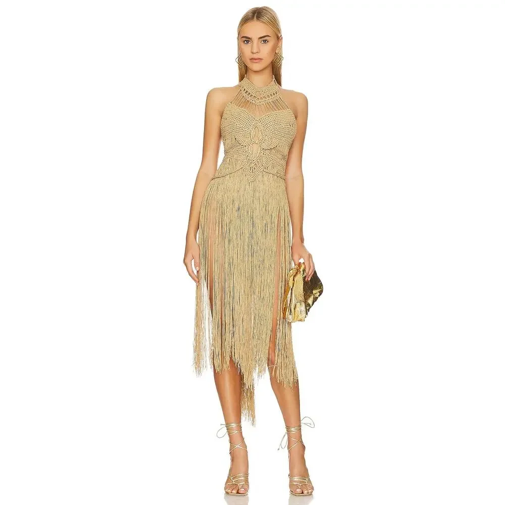 Mes Demoiselles Paris Mimi Crochet Dress Halter Goddess Fringe Beachy Party S